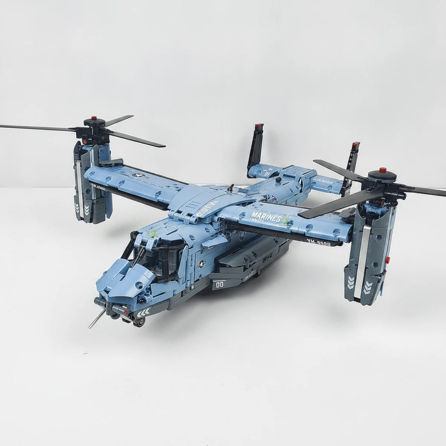 V22 tiltrotor aircraft building blocks model, front quarter view in helicopter mode