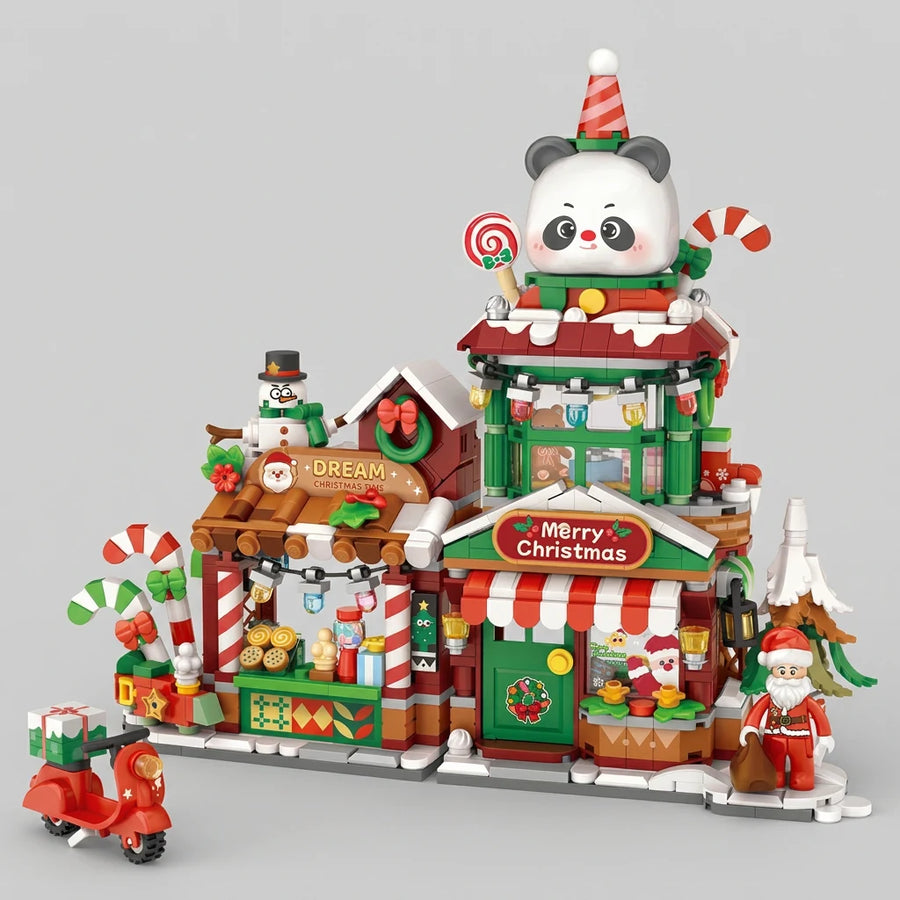 Christmas Panda Shop Street View Series building blocks front view Japanese architecture
